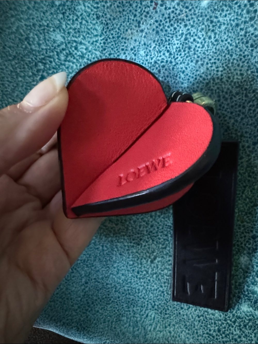 LOEWE Red Leather Heart Keychain/Bag Charm W Embossed Black Leather Tag - Picture 3 of 8